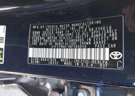 2022 Toyota Corolla Le из США, поврежденный, VIN 5YFEPMAE1NP360040